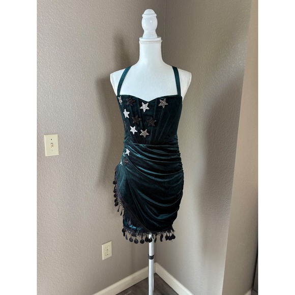 HY Dresses & Skirts - Emerald Green Velvet Star Sequin Ruched Mini Dress Halter Tassel Fringe